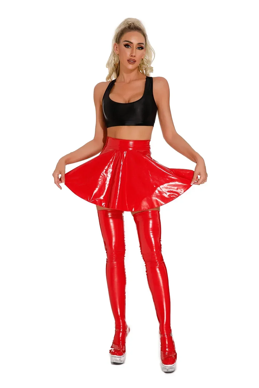 Womens Sexy Shiny PVC Leather Miniskirts High Waist Flared Pleated Latex A-Line Circle Skirt Clubwear Latex Mini Short Skirt