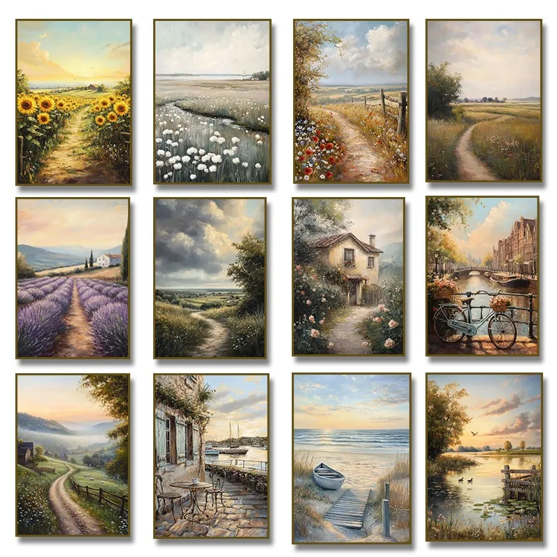 Vintage Amsterdam Country Road Rustic Lavender Fields Flower Poster Beach Landscape Canvas Painting Print Wall Art Room Decor