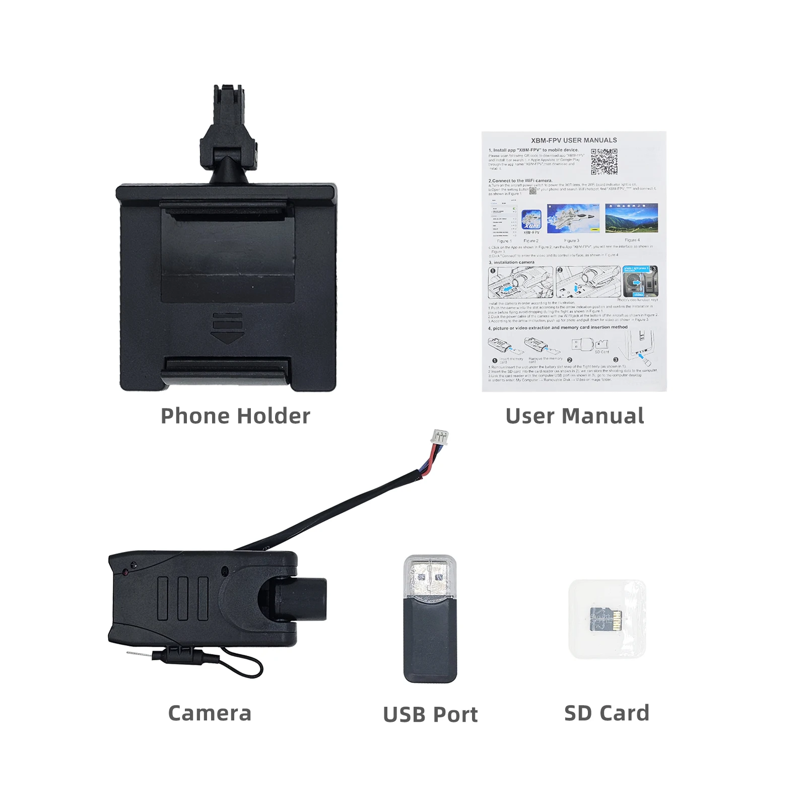 

Комплект аксессуаров для радиоуправляемой камеры, включает камеру, фотодержатель и SD-карту, совместим с радиоуправляемым самолетом BM22 F22, простой в использовании