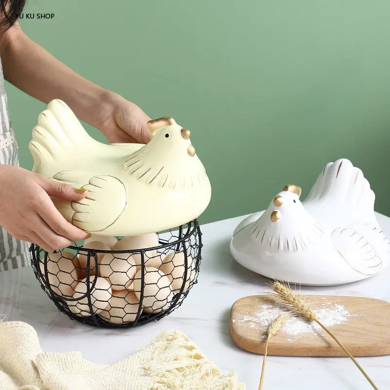 Iron Ceramic Simple Storage Basket Chicken Shape Porcelain Fruit Egg Holde Container Kitchen Supplies Home Organiser Tableware