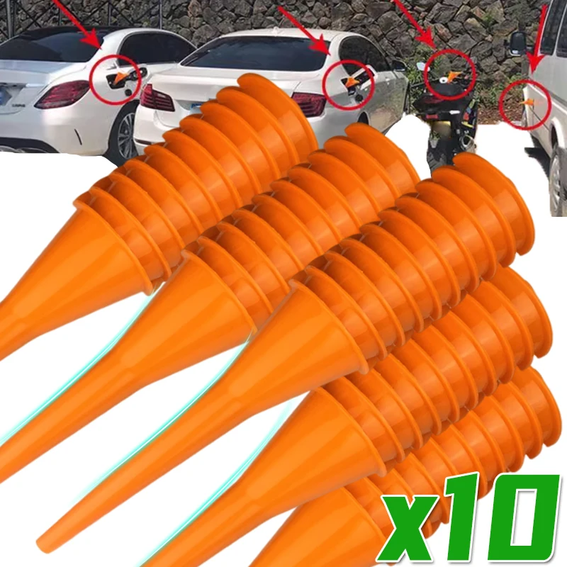 

1-10 шт. оранжевых пластиковых воронок для заправки топливного бака с длинной ручкой, без протеканий, для автомобилей и мотоциклов, аксессуары для обслуживания масляных и топливных фильтров