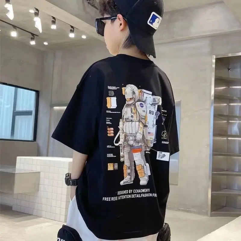 

2023 Summer New Fashion Cartoon Children's Bottom Shirt Boys' Round Neck Loose Breathable Top Cool Handsome T-shirt Hip Hop