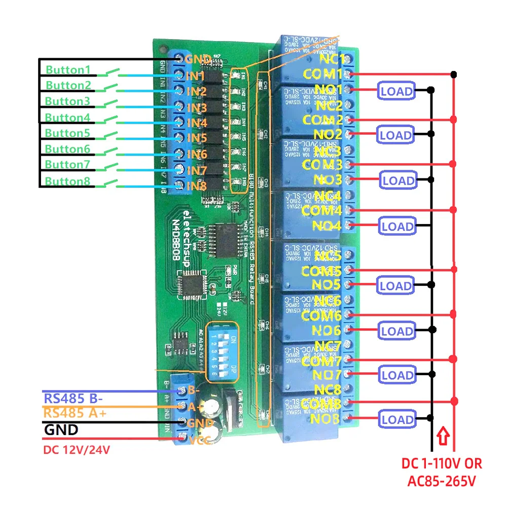 DC 12V 24V 8 Isolated Inputs and 8 Outputs DIN35 C45 Rail Box UART RS485 Relay Module Modbus RTU Control Switch Board Module