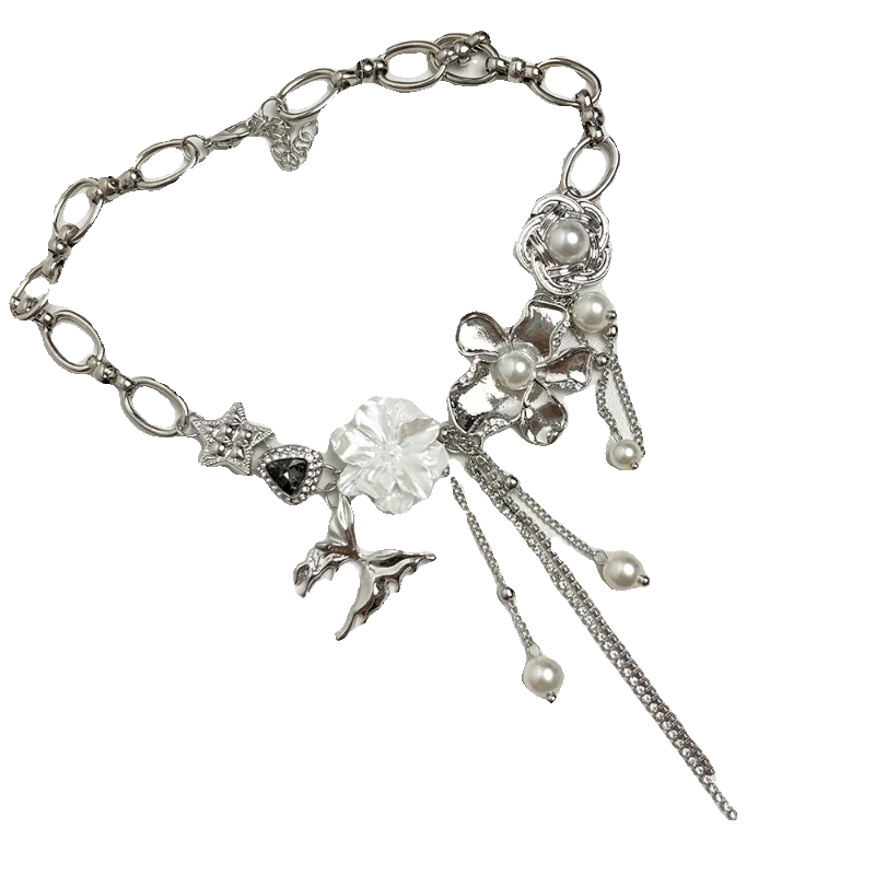 

Flower Butterfly Pearl Tassel Necklace Female Sweet Cool Wind Neck Chain Collarbone Chain