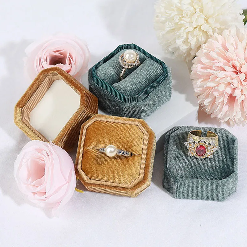 New Velvet Jewelry Box Octagonal Ring Box Double Ring Box Wedding Ring Box with Detachable Lid Jewelry Organizer Storage