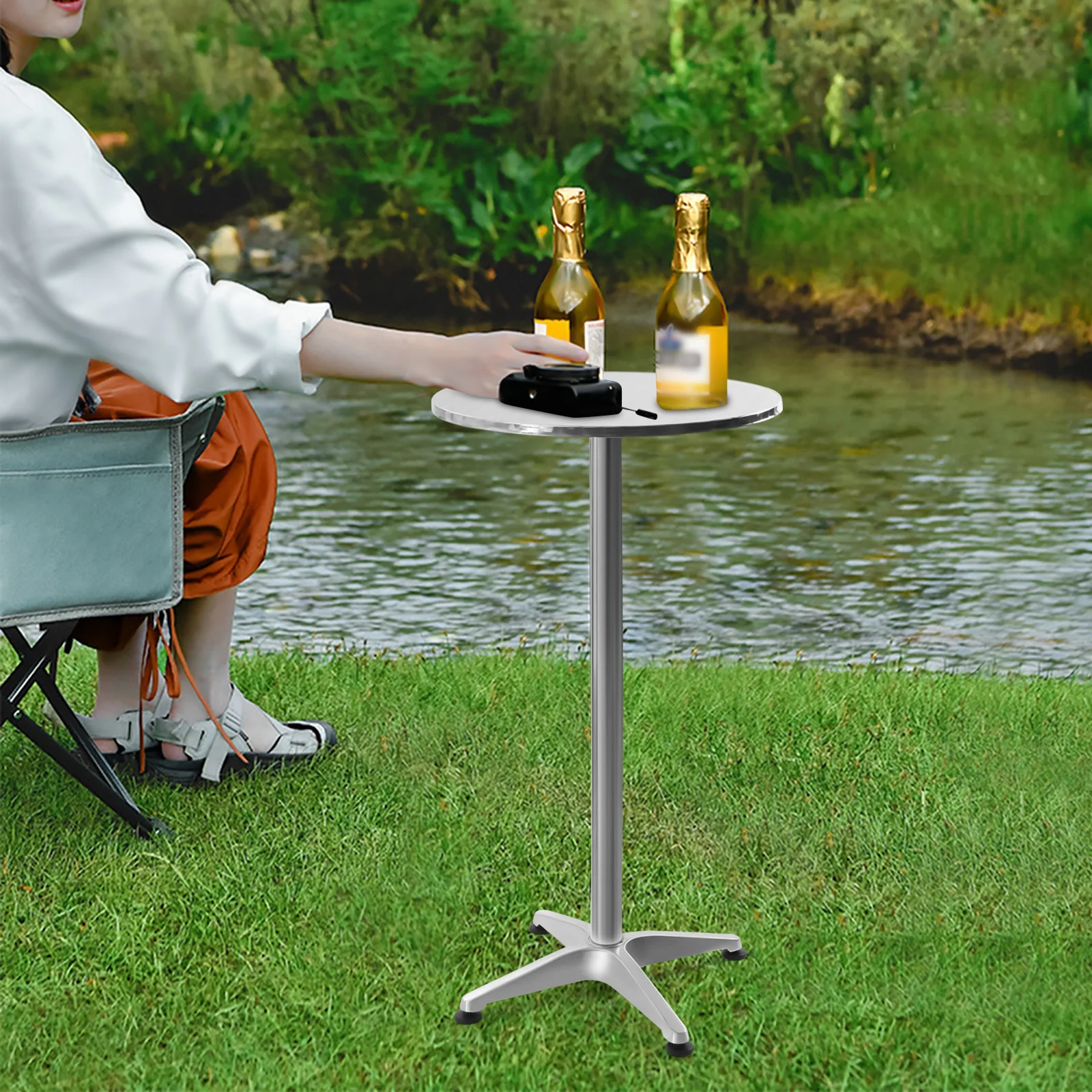 X-shape Base Folding Outdoor Side Table Round Aluminum Indoor-Outdoor Table Metal Patio Table for Porch Yard Balcony Silver