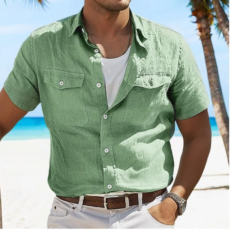 

Men's Linen Summer Shirt Beach Solid Color Lapel Spring and Summer Pocket
