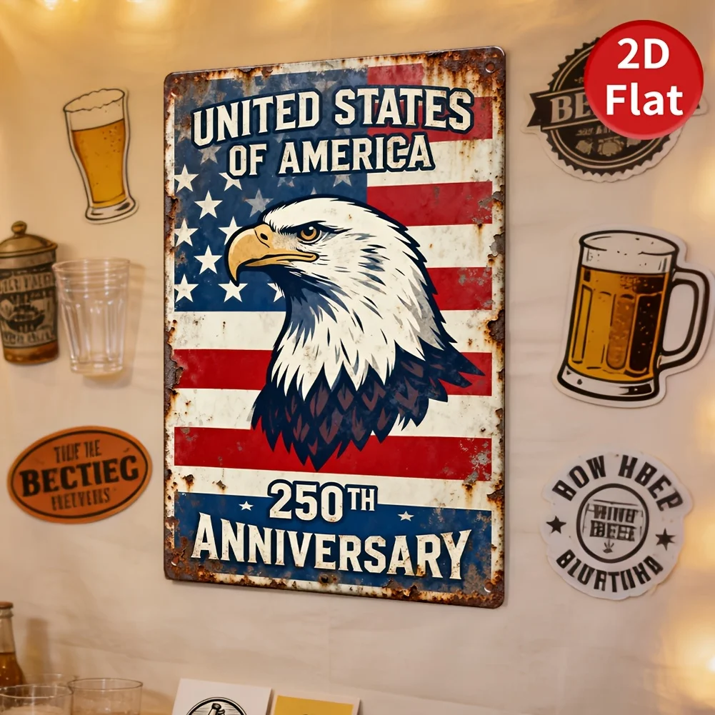 2D Flat Retro White-Headed Eagle Aluminum Art: Stars and Stripes Eagle Motif Perfect for Outdoor Campsite Parties, Garden Decor