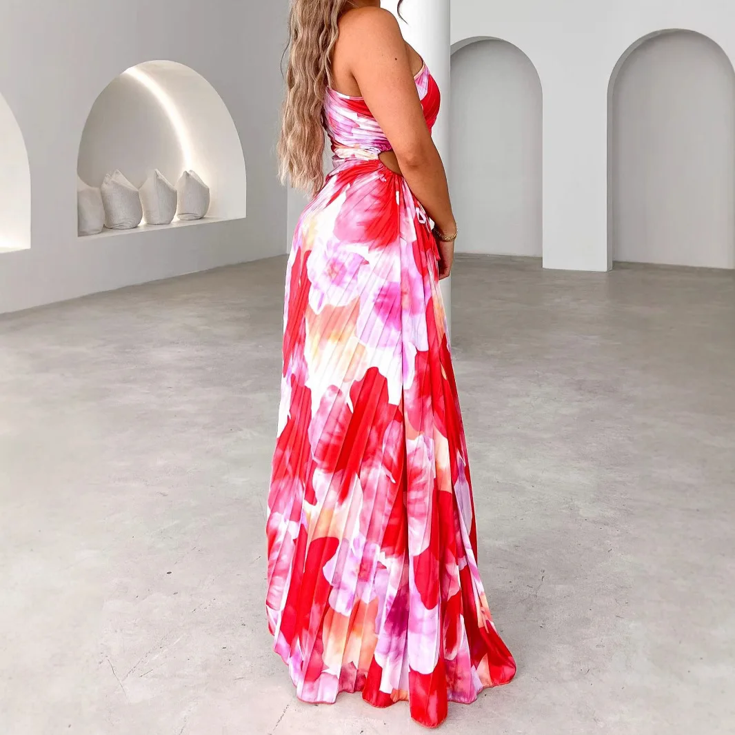 2025 Summer Fashion New Lace-up Pressed Pleated Printed One-shoulder Sleeveless Waist Dress