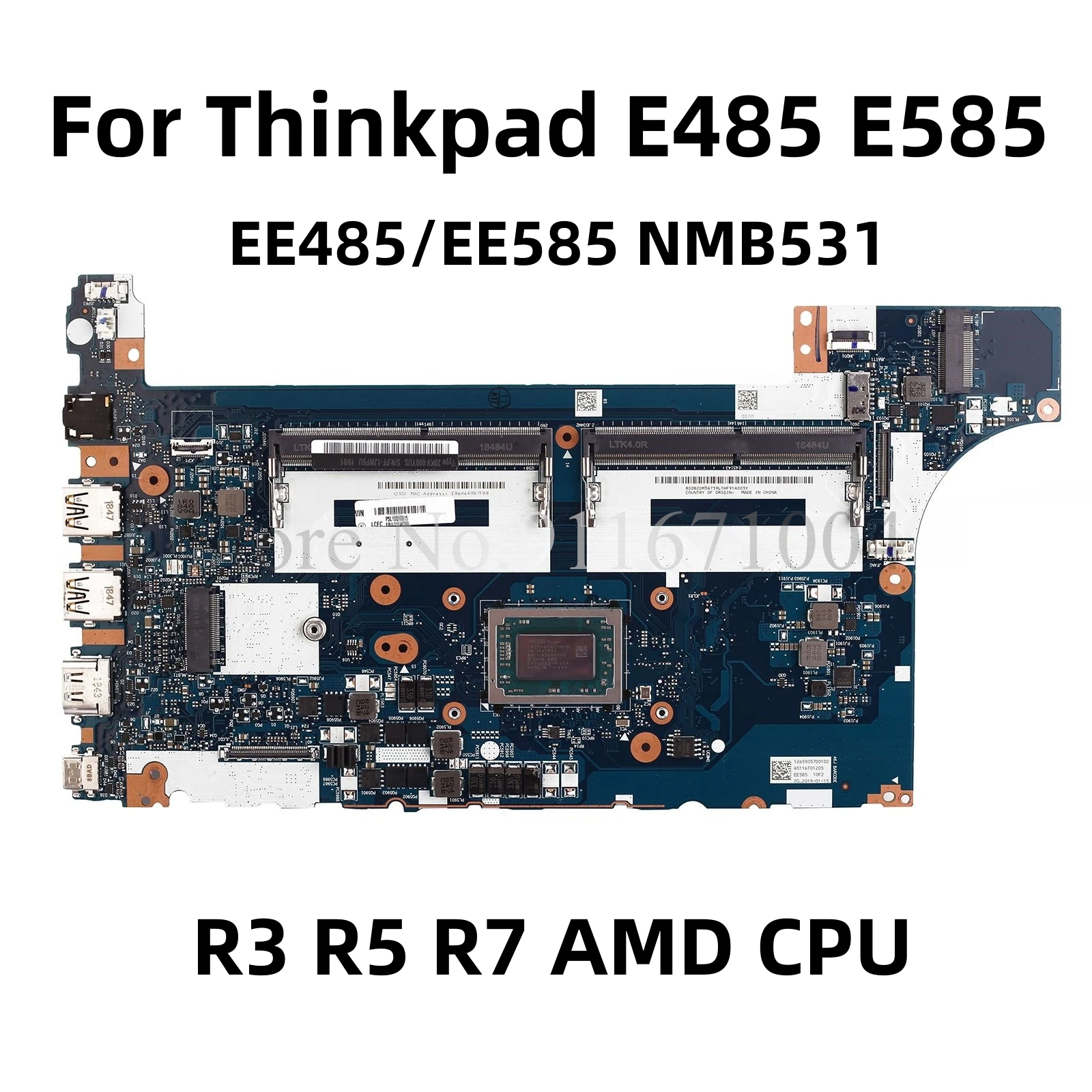 Placa-mãe do portátil para Lenovo Thinkpad, EE485, EE585, NMB531, NM-B531, E585, R3, R5, R7, CPU AMD, DDR4, 100% testado