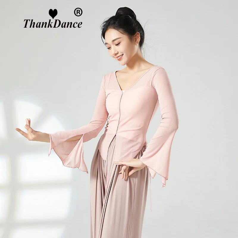 

Женские топы для классических танцев, одежда для выступлений, сетчатая одежда в китайском стиле с длинными рукавами и рюшами, элегантные струящиеся рубашки из тюля