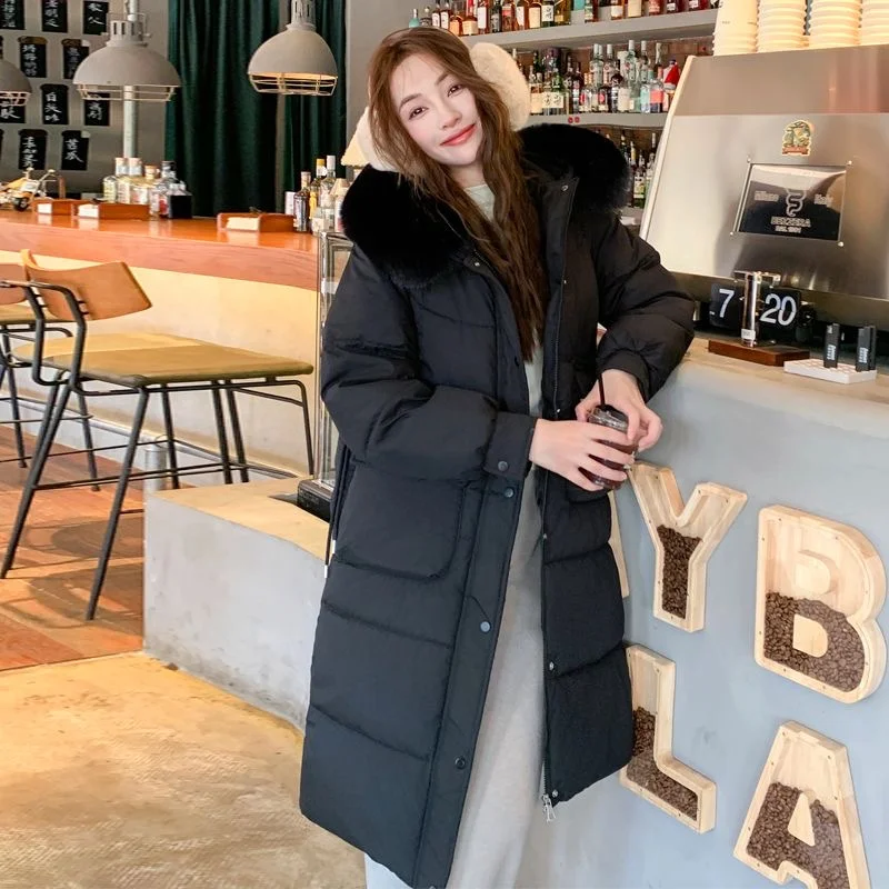2024 New Fashion Women's Winter Clothing Thickened Hooded Large Hair Collar Long Solid Color Cotton Coat Solid Color Winter Top