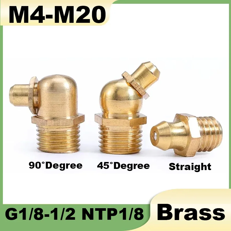 Brass Grease Nozzle M4 M5 M6 M8 M10 M12 M14 M16 M20 1/8 1/4 3/8 1/2Straight/45Degree/90Degree Fittings Copper Oil Nozzle Oil Gun