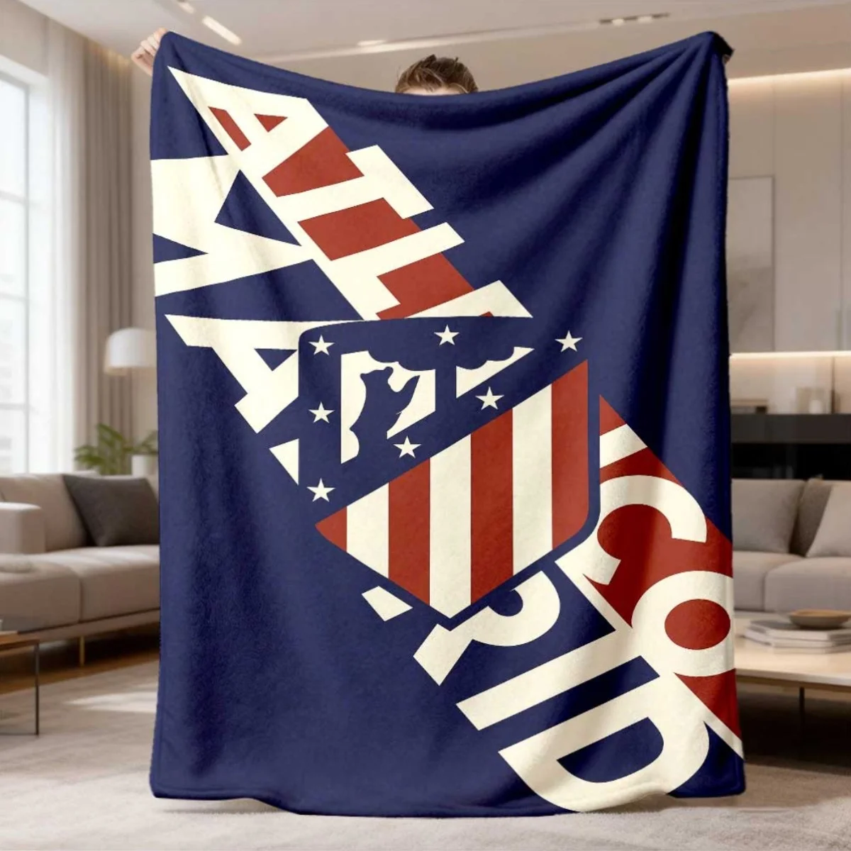 2026 Latest Flannel Blanket | Madrid Competitive Red and Blue Shield Emblem Creative Art Design, Lightweight, Easy to Spread, Wr