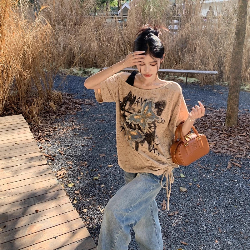 

Y2K Printing Loose Youth Off Shoulder Tops Summer New Korean Short Sleeve Loose Patchwork T Shirts Fashion Casual Women Clothing