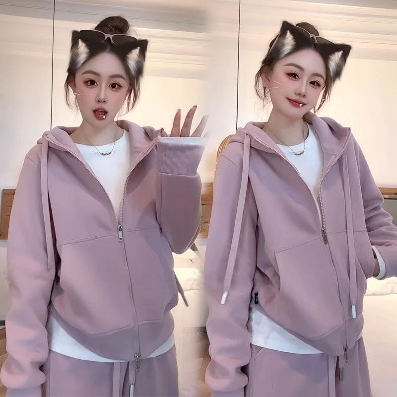 Women's Sportswear Set Loose Fit Hoodie And Wide Leg Pants Cotton Blend Diagonal Stripe 250g Three Piece Casual Outfit