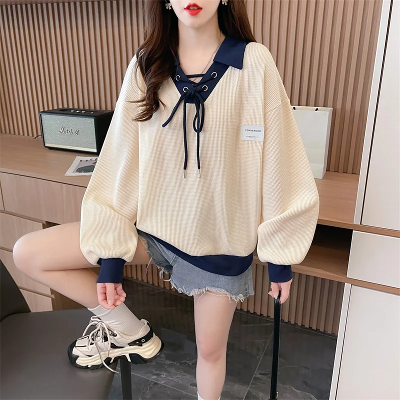 

Casual Waffle Fake Two-Piece Pullover Sweatershirt Women Spring Autumn Korean Loose Long Sleeve Thin Splice Top Coats Lace-up