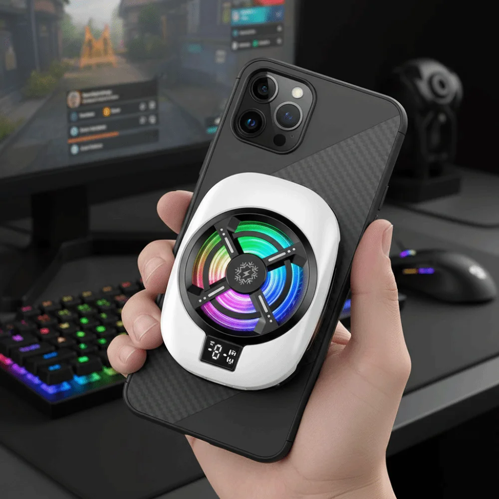 Three Gear RGB Lights Semiconductor Phone Cooler Powerful Cooling Fan Digital Display Portable Phone Cooler Universal Clip