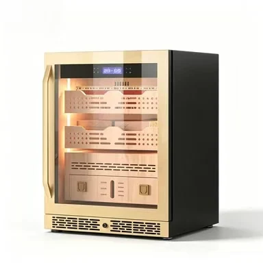 Cigar Humidor Cabinet Constant Temperature Humidity Control Spanish Cedar Wood Drawers LED Display Black Finish Varnished Solid