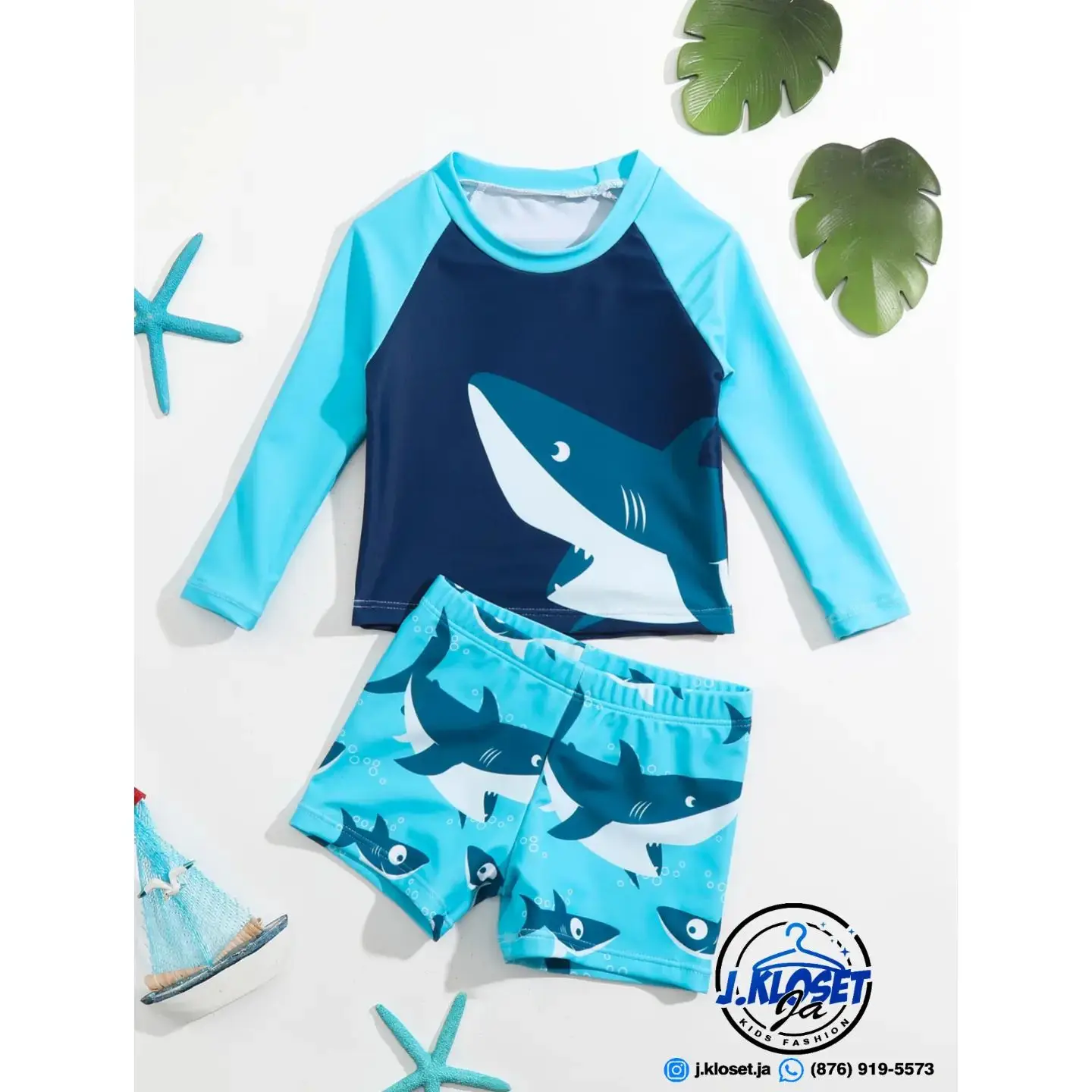 Kids Boys 2 Pieces Swimwear Set Shark Print Crew Neck Long Sleeve Tops and Swim Trunks Swimsuit Bathing Suit