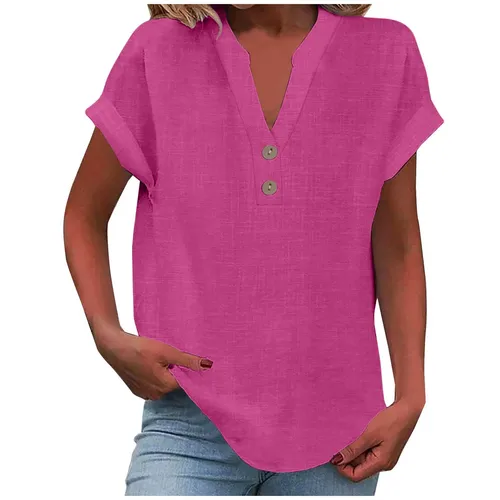 Imagen 2 del producto Camisa transpirable de lino y algodón para mujer, camisa básica y versátil de Color sólido con cuello en V y botones, informal y cómoda para oficina, Verano