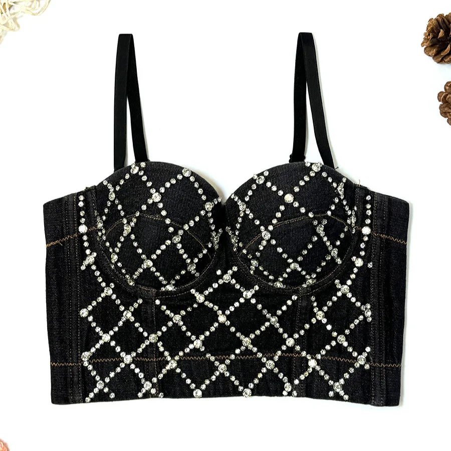 Top vaquero sin tirantes con almohadilla en el pecho para mujer, Top corto con diamantes de imitación Faion Ba, producción china, superventas