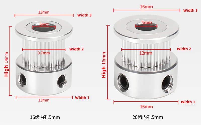 2GT Synchronrad 16 20 30 36 40 Zähne, 2GT Zahnriemenscheibe Bohrung 4/5/6/6,35/8mm für GT2 Zahnriemen Breite 6mm 3D-Drucker CNC-Teile – Detail 2