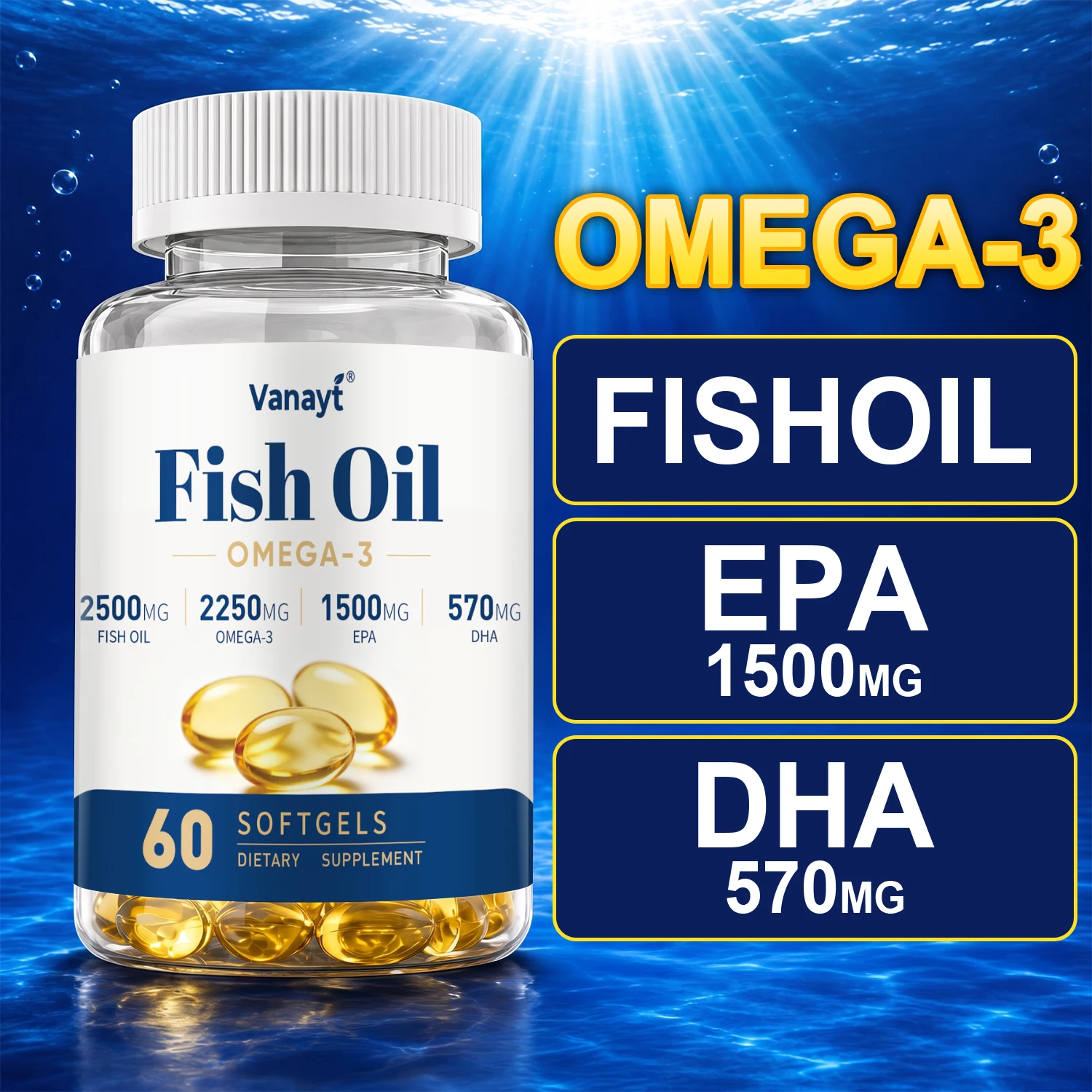Vanayt Deep Sea Fish Oil Omega3 2500mg 60 Softgels Adult Daily Nutrition with EPA and DHA Nutrient