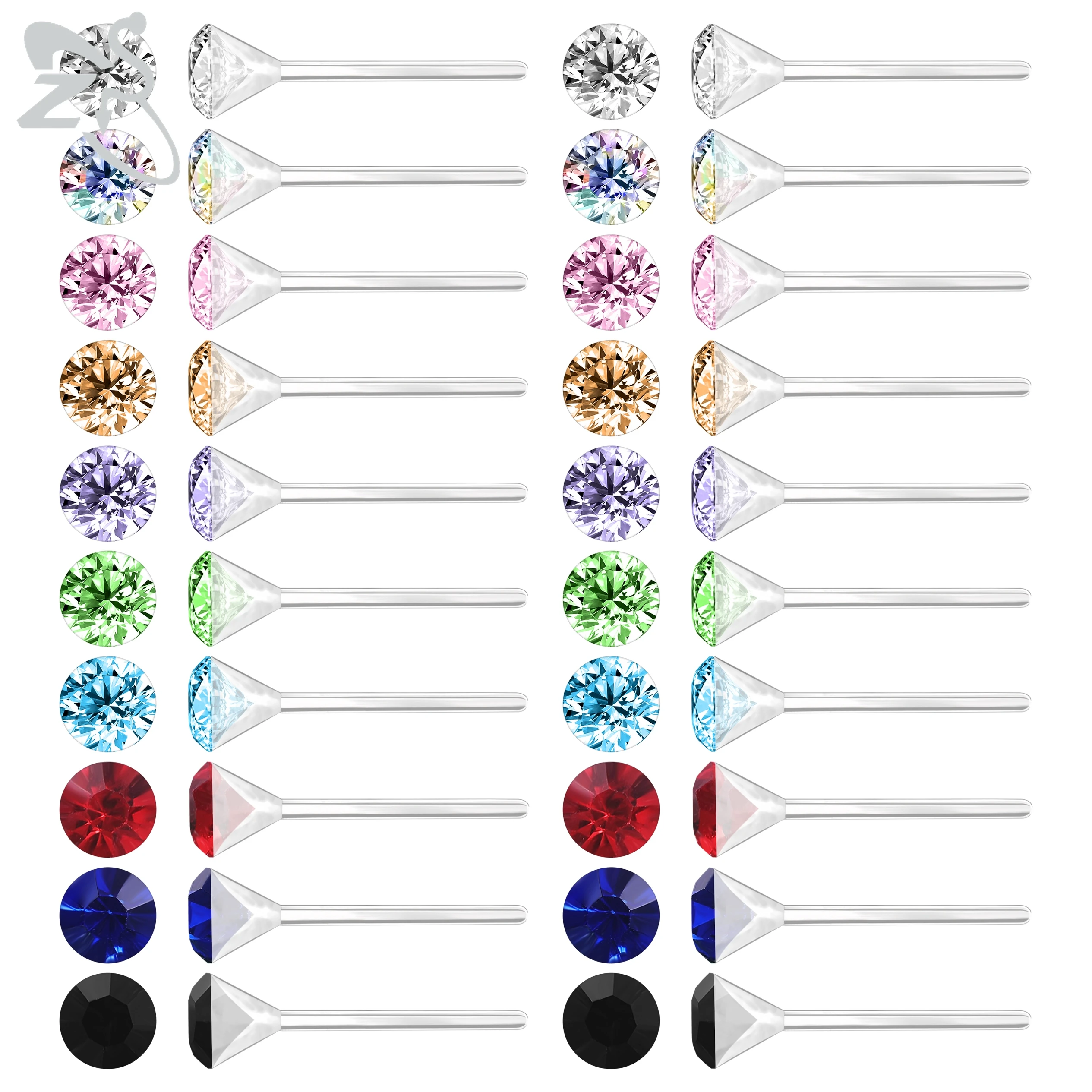 ZS 10/20 Pair Colorful Crystal Stud Earrings for Women Men 3/4/5/6mm Plastic Round Earrings Ear Helix Conch Cartilage Piercings