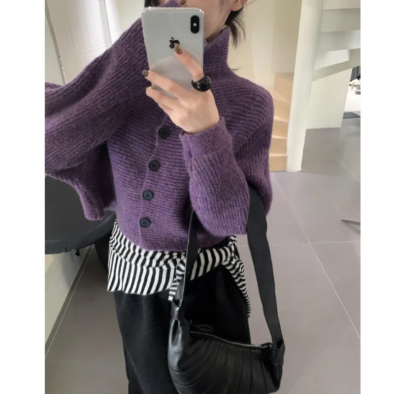 FL-suéter a rayas para mujer, Vintage, cuello alto, moda coreana, botón de punto, cárdigan holgado de talla grande, Top de manga larga, novedad de 2026