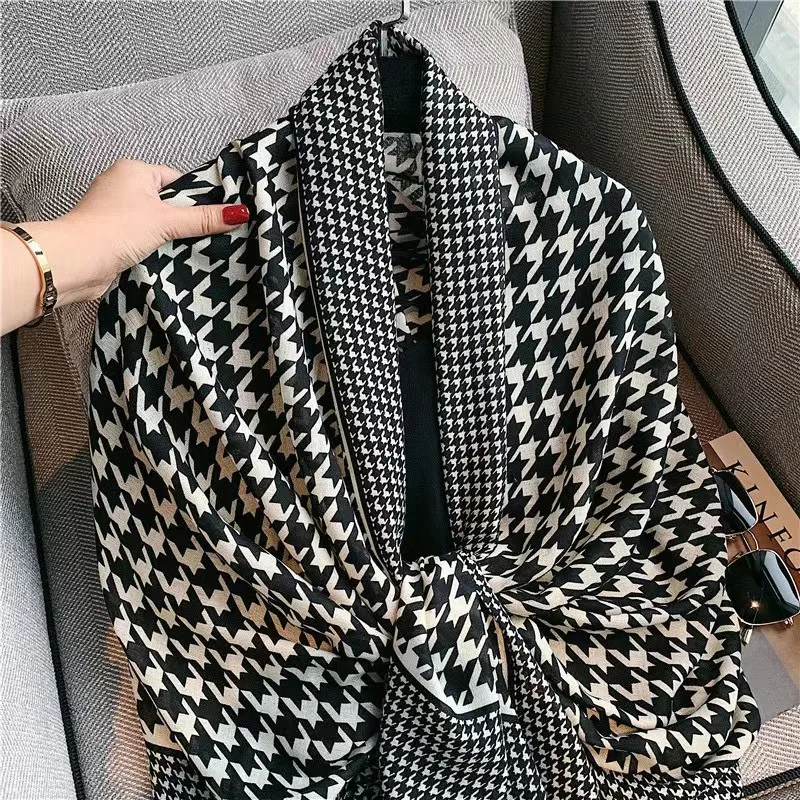 Houndstooth Print Winter Cotton Scarf Women Warm Plaid Design Scarfs Long Large Hijab Scarves Stoles Bandana Foulard Wraps Shawl