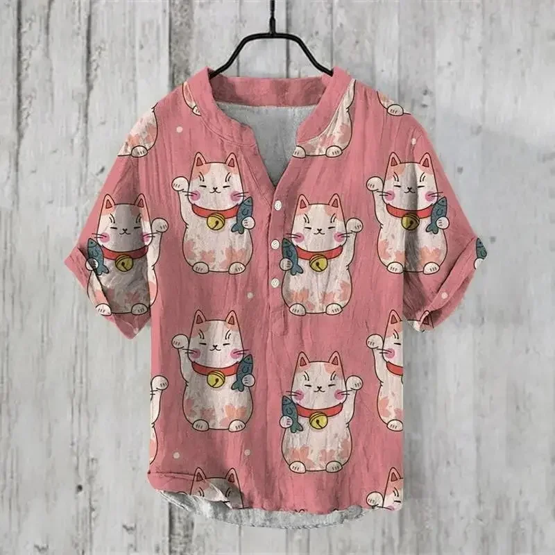 

Hello Kitty-Camisa de manga corta con estampado Digital para hombre, camisa de lujo con 3 botones, gato de la riqueza, entreteni