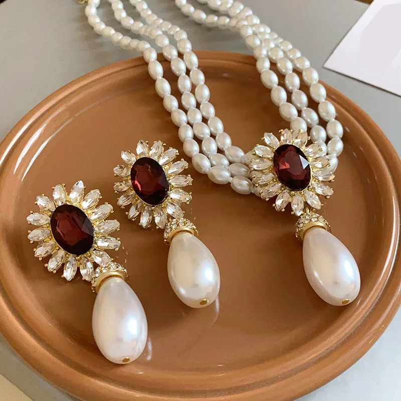 Water Drop Crystal Choker Earrings Necklaces for Women Ladies dainty style Pearl Necklaces Weddings Bride Jewelry