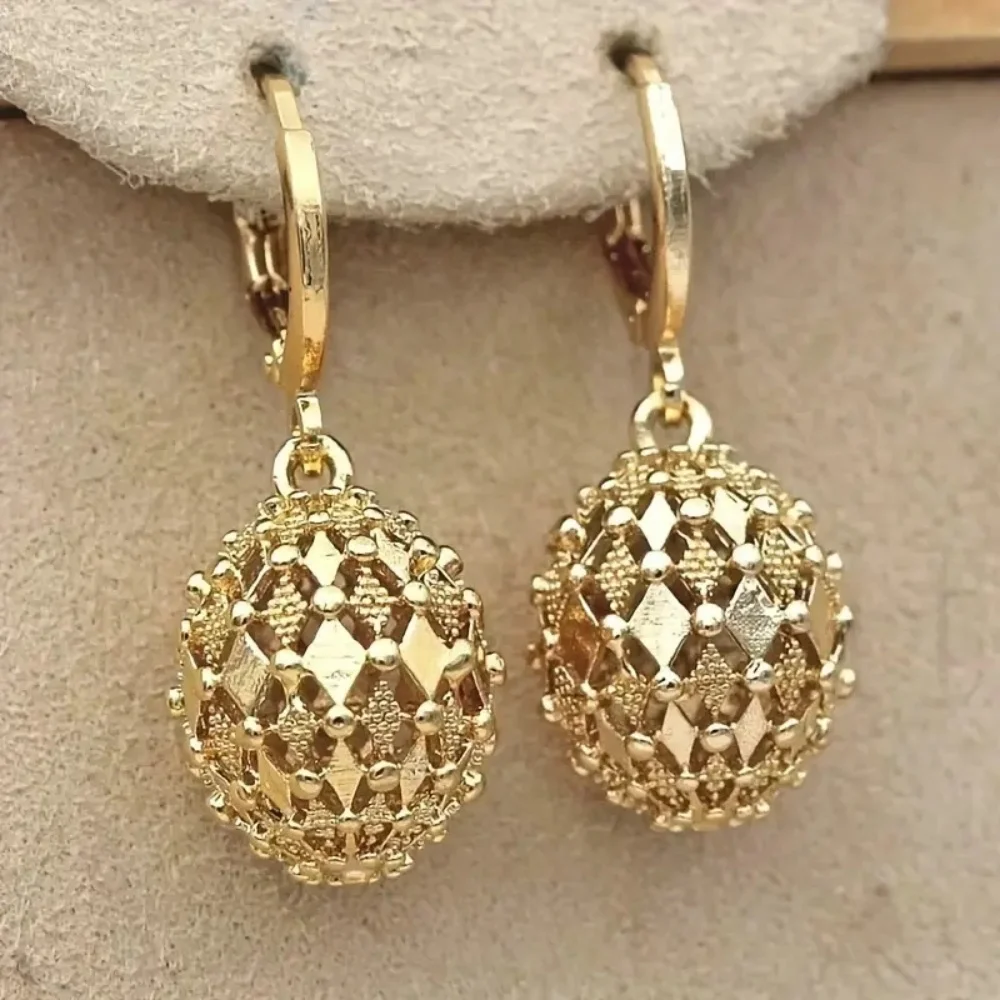 Vintage Metal Hand Engraved Pattern Hoop Earrings Classic Women's Gold Plated Hook Drop Earrings