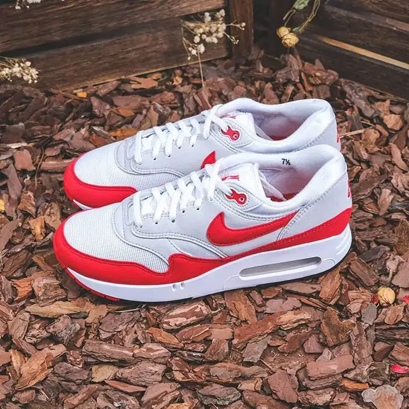 حذاء الجري Nike Air Max 1 '87 للرجال والنساء، غير قابل للانزلاق ومقاوم للاهتراء، حذاء جري كاجوال منخفض الرمادي المحمر