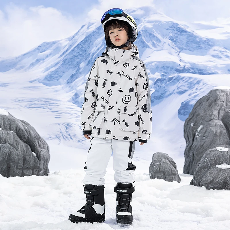 Children Skiing Suit Boy Girl Ski Clothing Pants Set Winter Windproof Warm Outdoor Sports Hiking Snow Clothes Suits Black White