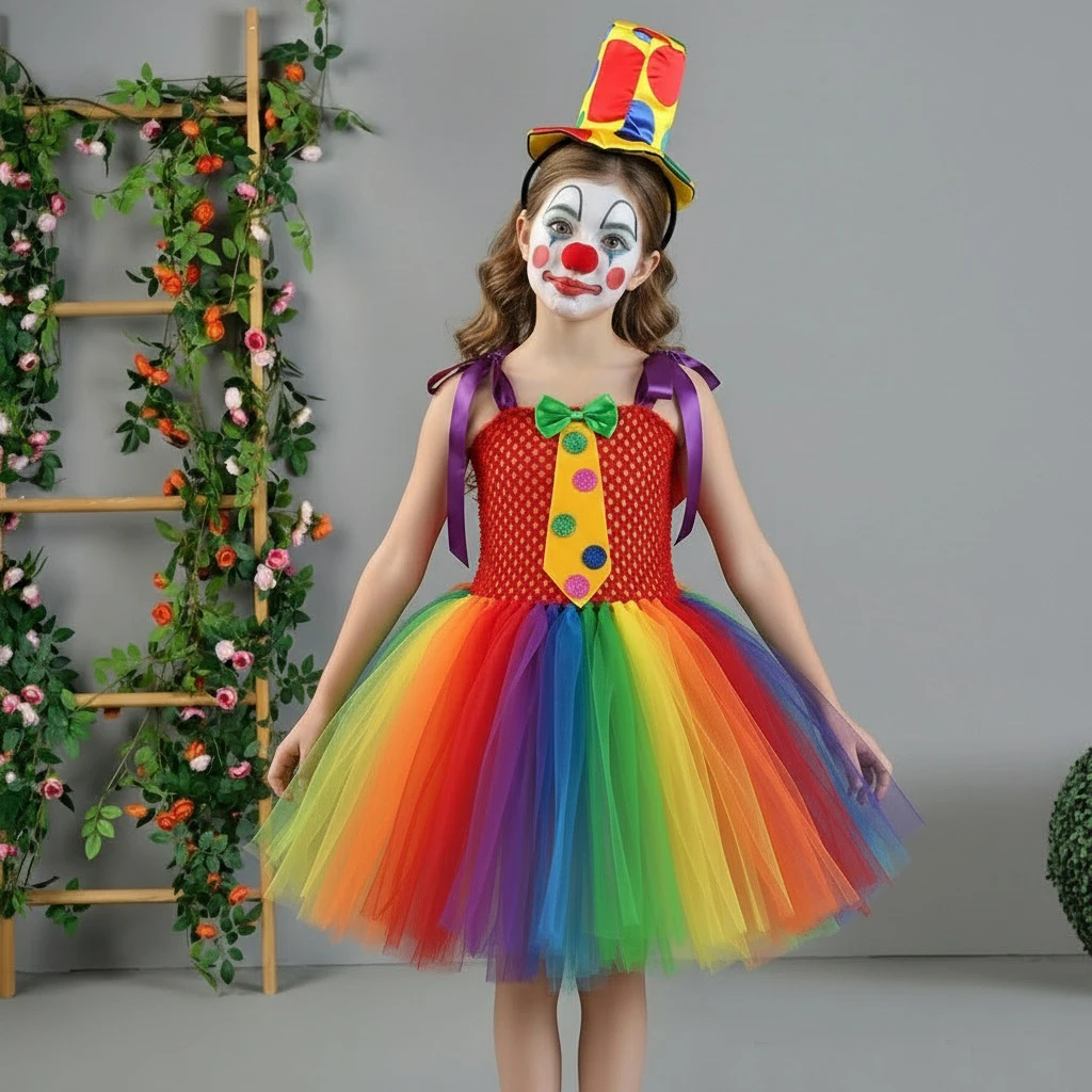 Funny Circus Clown Costume for Girls Carnival Party Dresses Kids Rainbow Clown Costumes Children Fancy Cosplay Dress Up Clothes