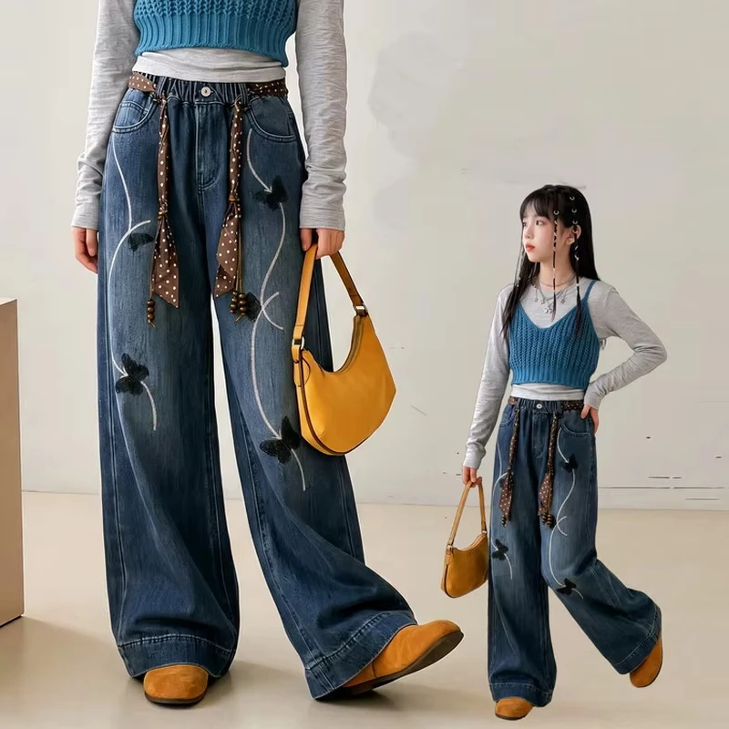 Girls Denim Pants New Baby Bow Embroidery Jeans Children Clothes Kids Straight Legged Pants Loose Trousers 4-14Y