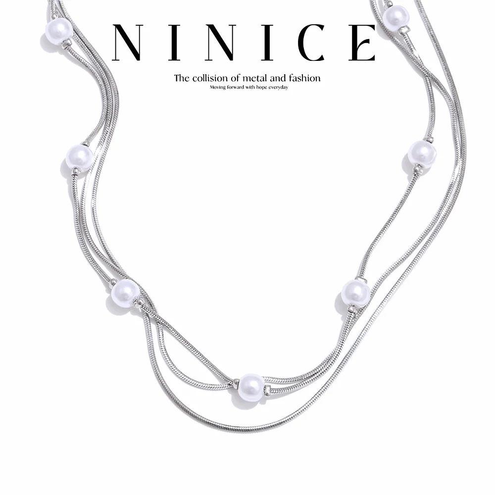 NiNice Stainless Steel Necklace Stacked Layered Imitation Pearl Selection Jewelry with Sweet Temperament Personalized Gift