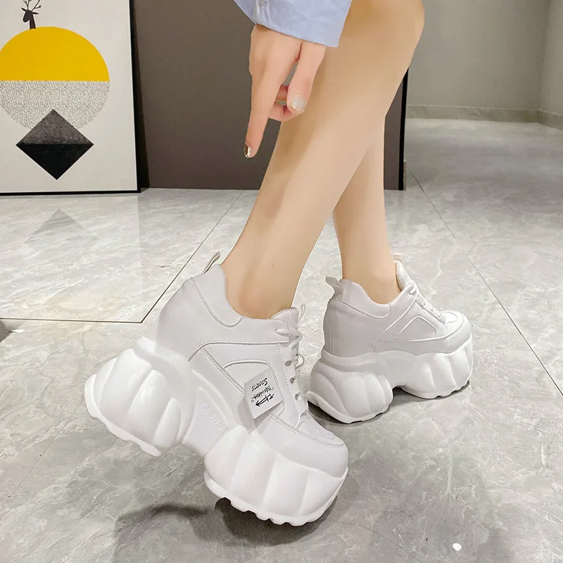 Women Warm Fur Chunky Sneakers 10CM Heels Thick Sole Casual Ladies Plush Vulcanized Shoes High Platform Leather Sneakers Woman