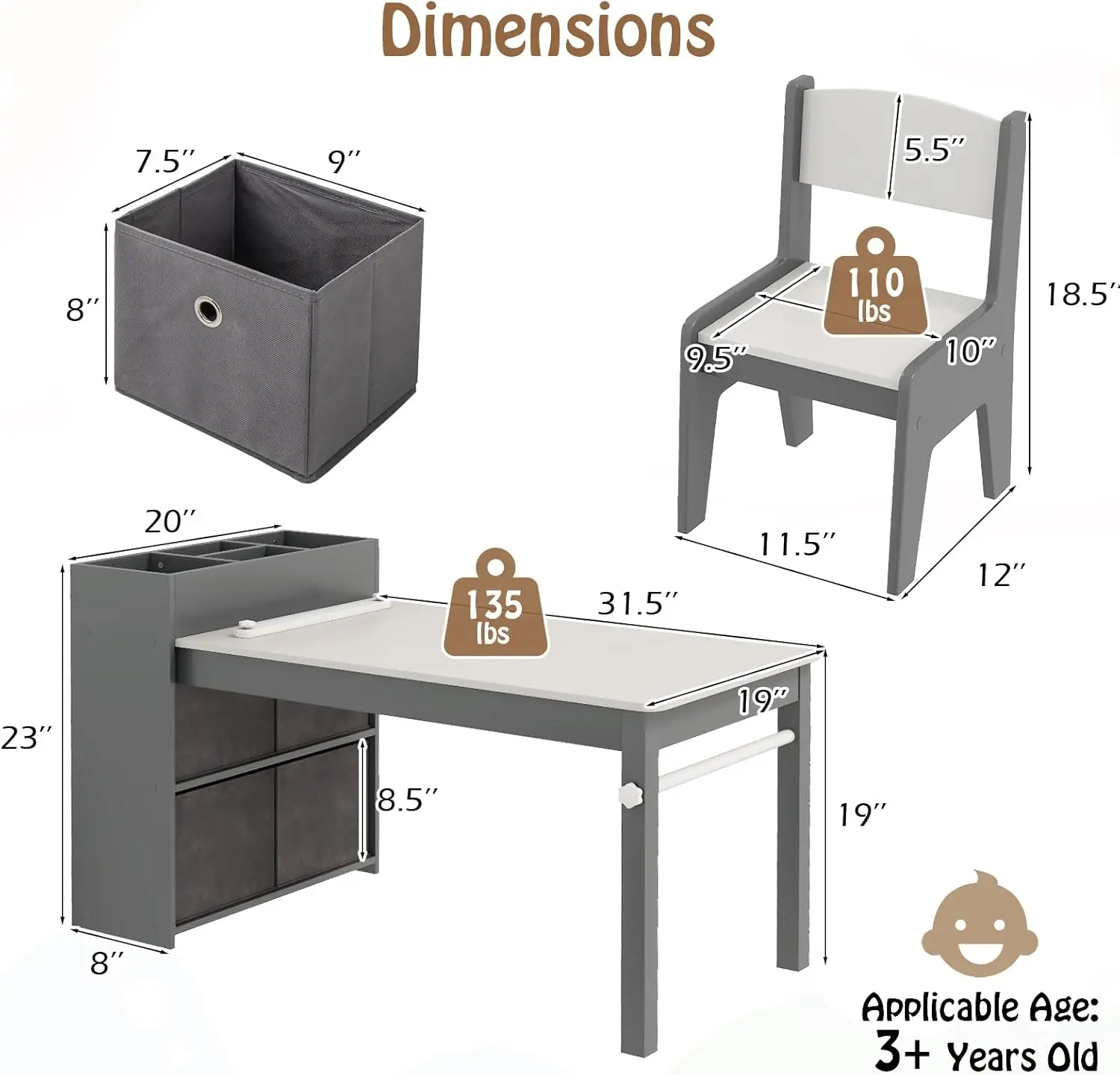 طقم مكتب فني خشبي للأطفال مع كراسي و4 صناديق قماش، رمادي