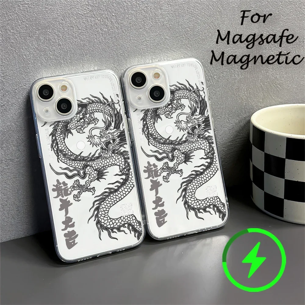 Ins national tide Chinese wind dragon Phone Case For IPhone 15 14 13 12 11 Transparent Magnetic Suction Cover