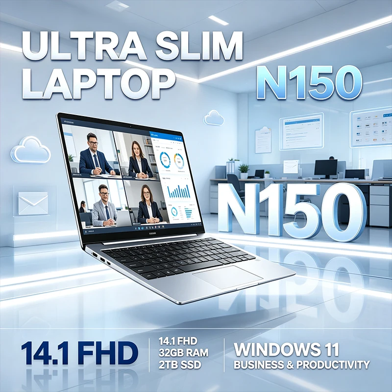 Laptop ultrafino de 14,1 polegadas, com processador Intel N150, ecrã FHD de 120 Hz, 32 GB de RAM, 2 TB de armazenamento, teclado retroiluminado, Windows 11 e bateria de longa duração, ideal para trabalho e estudo.
