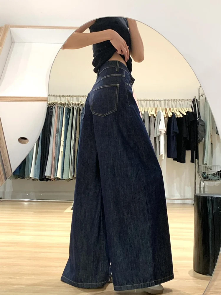 ارتفاع الخصر واسعة الساق الدنيم السراويل النسائية الخريف السراويل الطويلة فضفاضة Dra الطابق طول اللون العميق حجم كبير بناطيل كاجوال #3