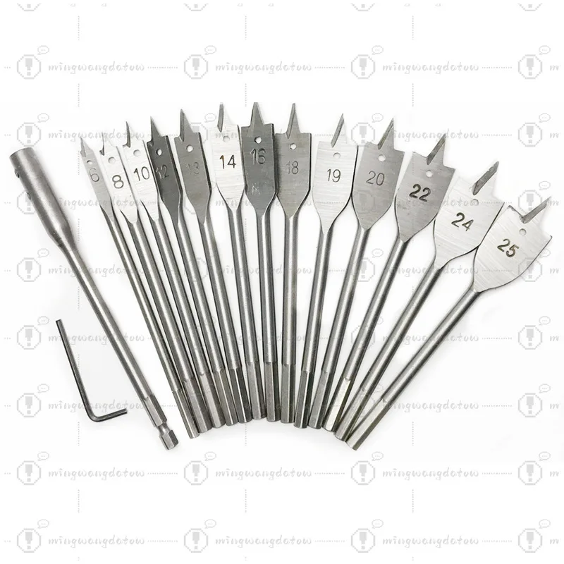 Wood Flat Drill Bit Set, 15PCS 6MM Hex Shank Spade Bits with Connecting Rod, Shovel Type Positioning Drill