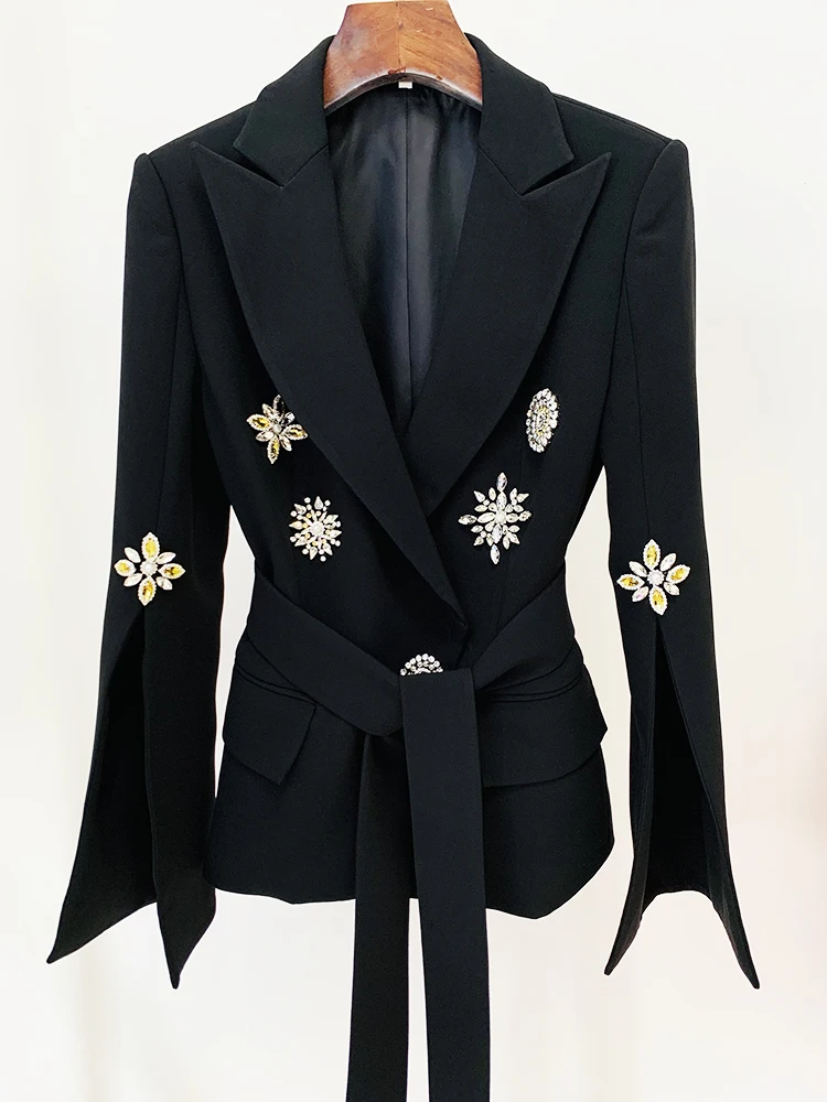 HIGH STREET Newest Fashion 2024 Runway Designer Blazer Women\'s Slit Sleeve Crystal Rhinestone Diamonds Beaded Belted Jacket