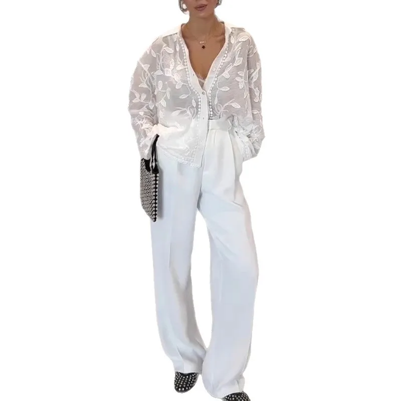 Heavy industry embroidery lapel long sleeved shirt for summer sun protection, new embroidery loose top cardigan