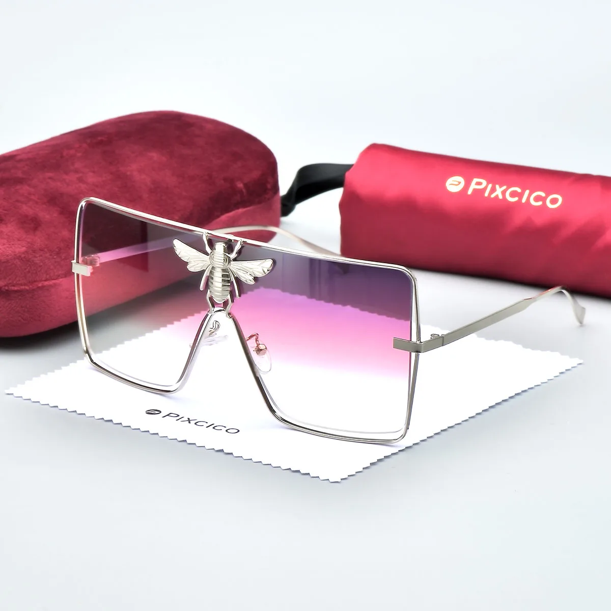 B51008 With Red Flocking Case Luxury Metal Big Bee Rectangle Sunglasses UV400