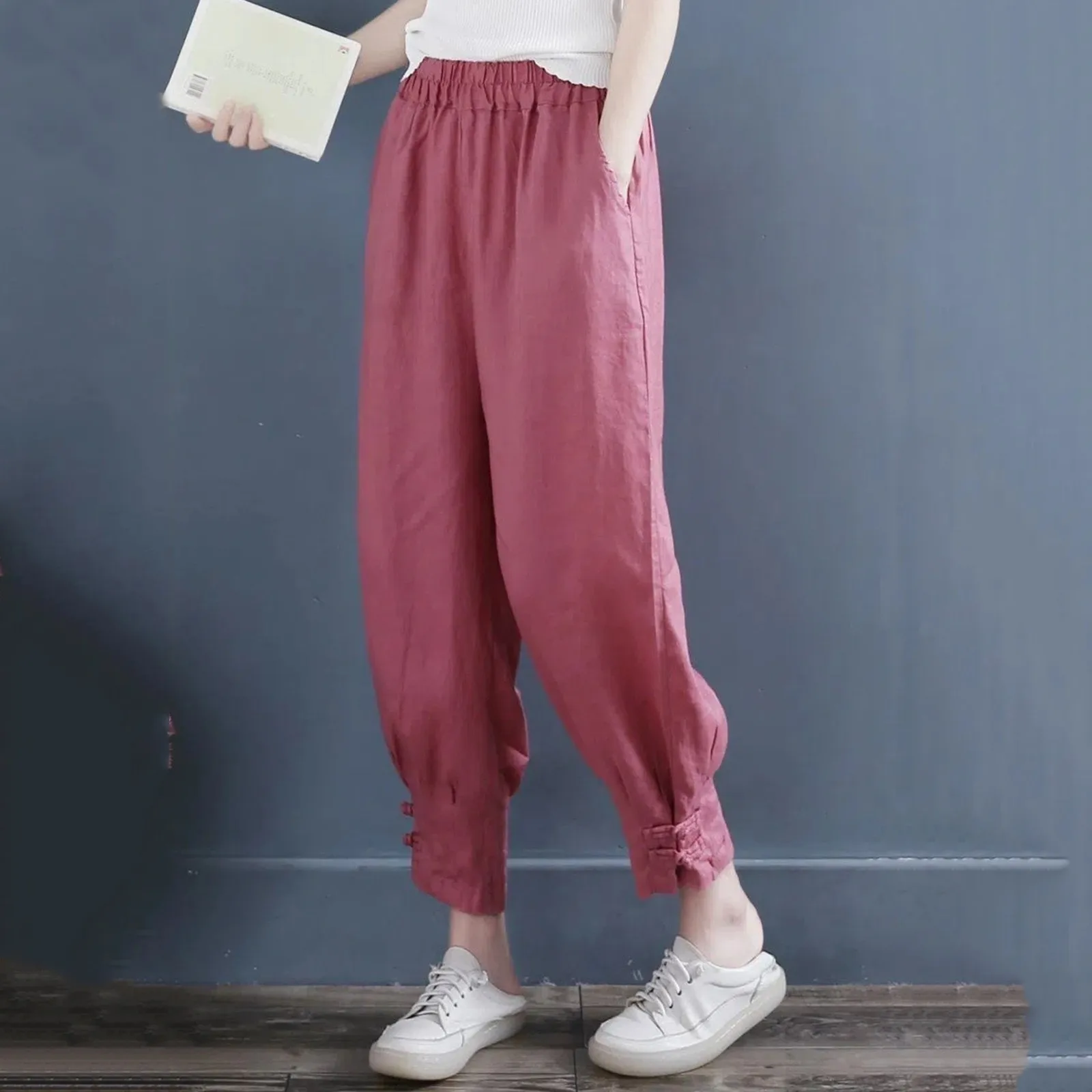 2024 New Summer Loose Casual Cropped Pants Fashion Korean High Waist Pocket Solid Color Simple Versatile Women's Harem Pants