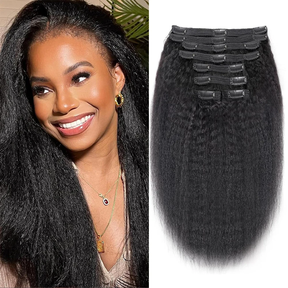 

120G/Set 26Inch Long Kinky Straight Clips In Hair Extensions Human Hair Brazilian Remy Human Natural Hair 8 Pieces/Set For Women